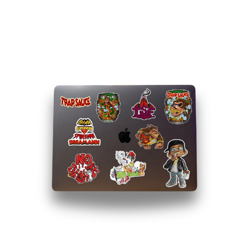 Laptop with Sosamann stickers on a white background