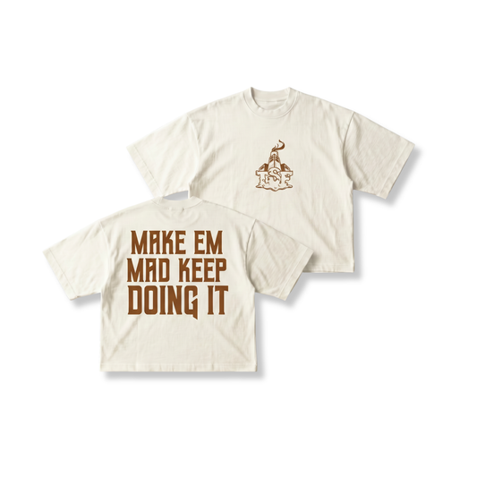 off white Tsf tee with "doing it" slogan on the back