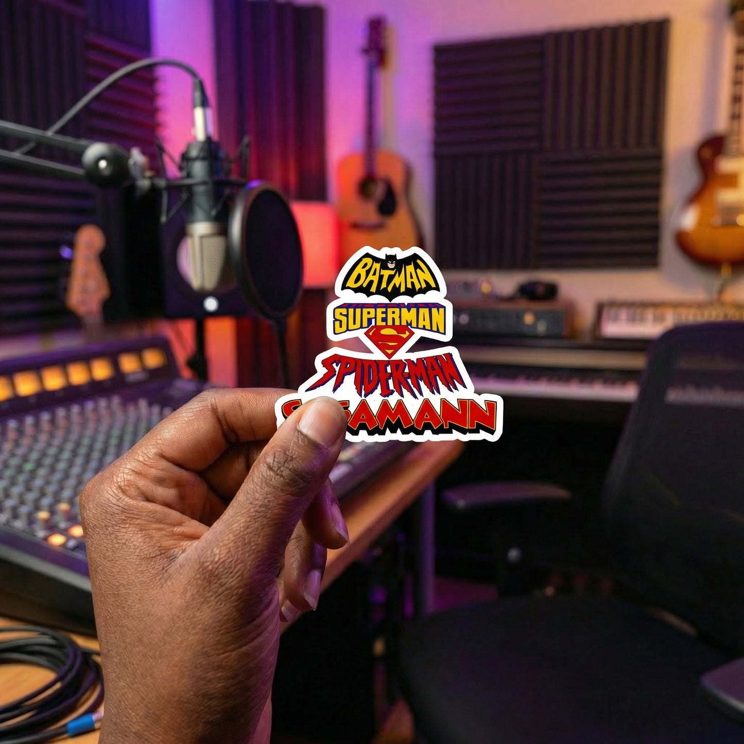 Hand holding a superhero-themed sticker in a recording studio with microphones and guitars.