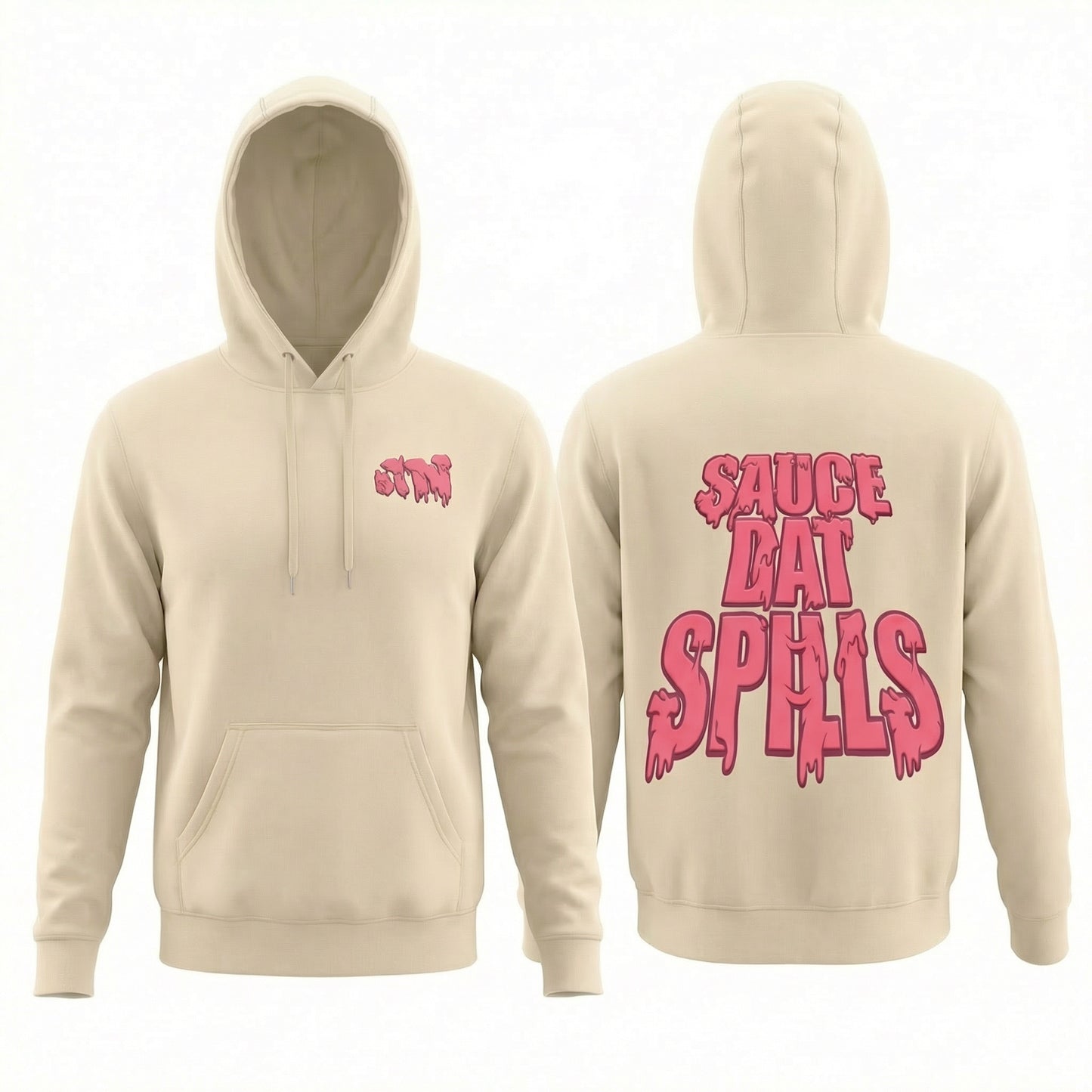 Beige hoodie with pink text on front and back on a white background