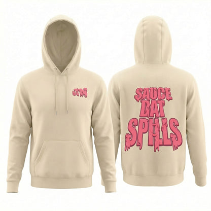 Beige hoodie with pink text on front and back on a white background