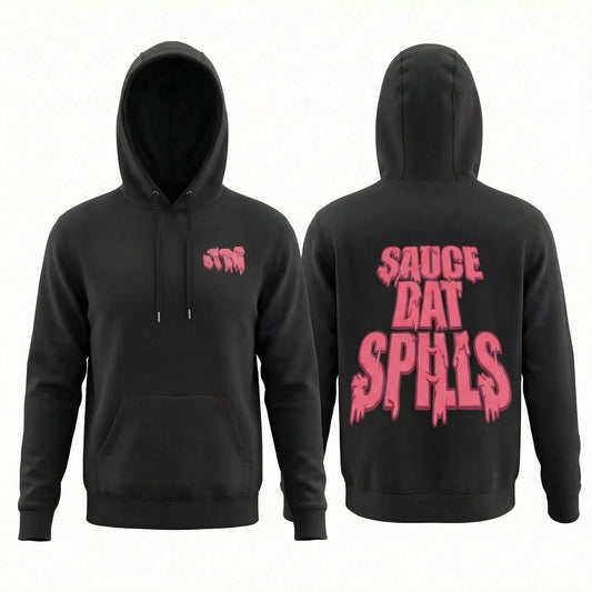 Black hoodie with pink text on front and back on a white background