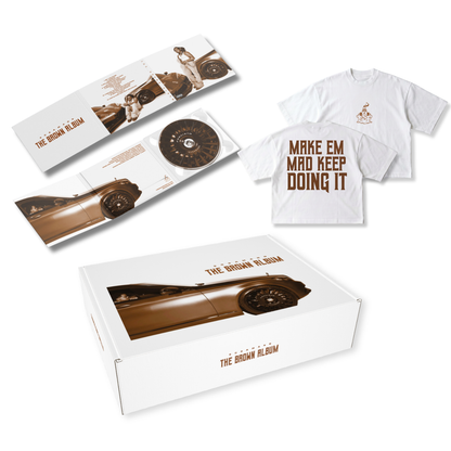 unique Music album packaging with a t-shirt featuring text on a white background