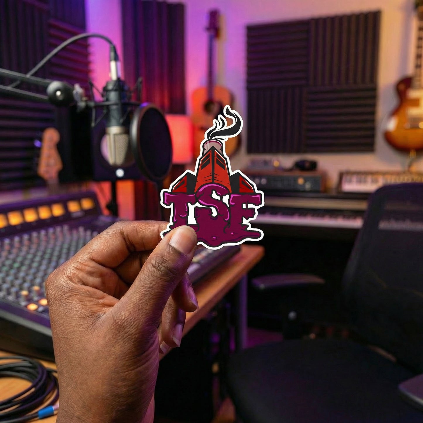 Hand holding a sauce familia logo sticker in a music studio