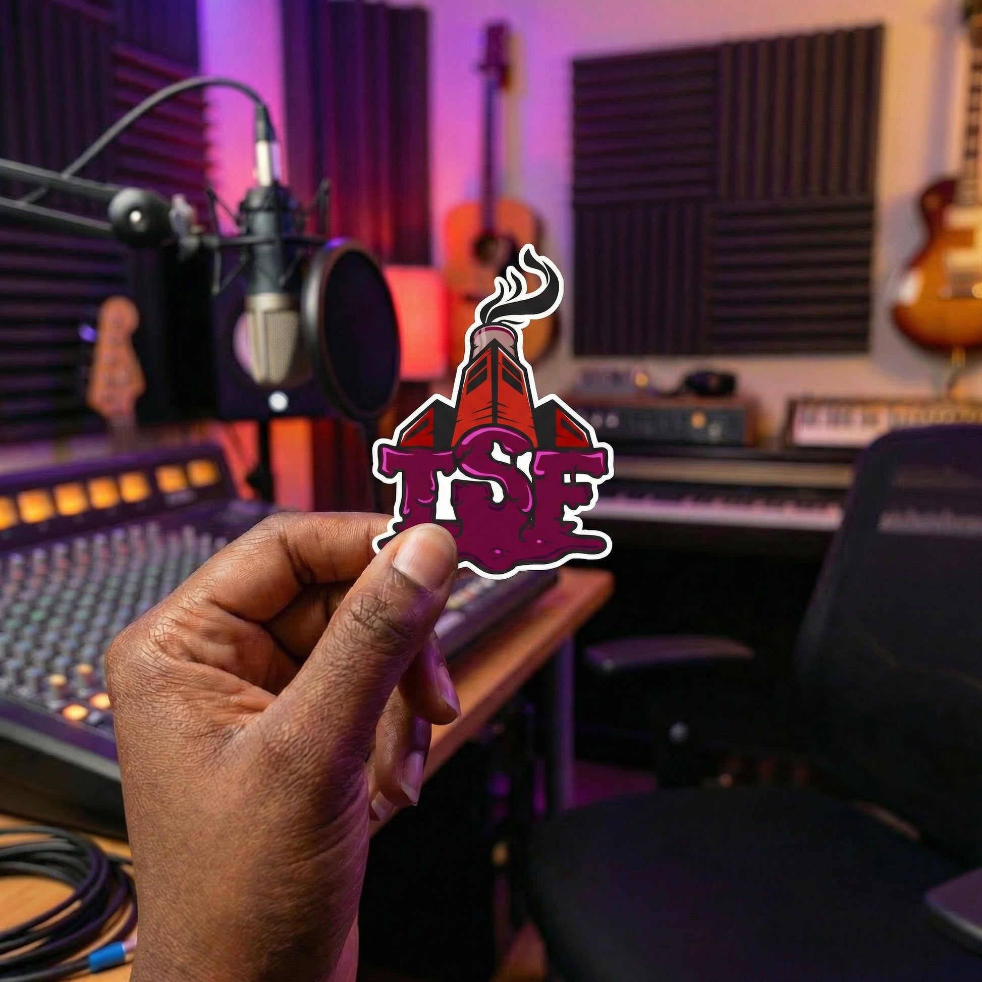 Hand holding a sauce familia logo sticker in a music studio
