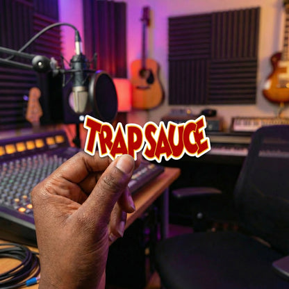 Hand holding a 'TRAP SAUCE' sign in a music studio with equipment and guitars in the background.